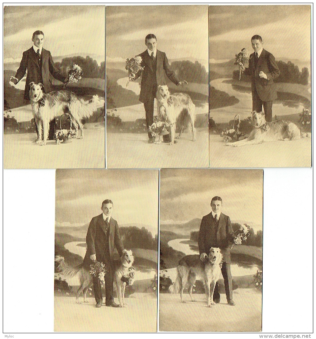 Chien, Lévrier Barzoï &amp; Homme Avec Fleurs. Lot De 5 Cartes. - Chiens