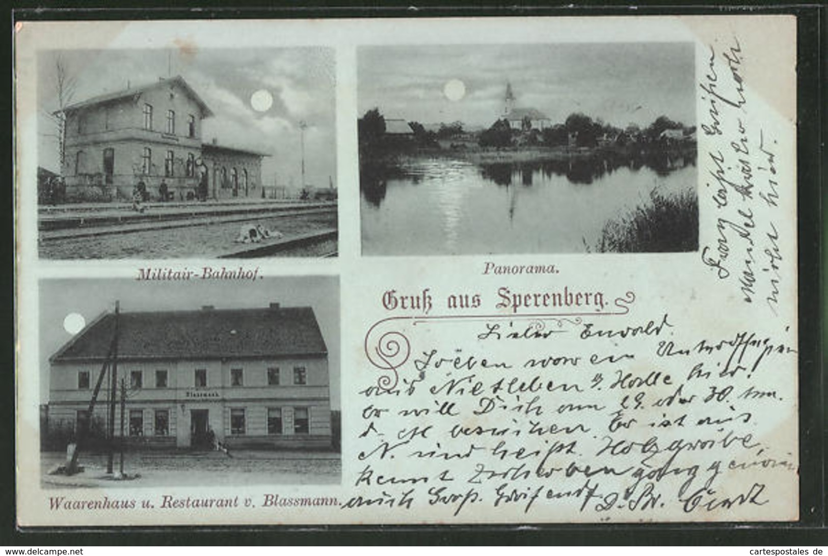 Mondschein-AK Sperenberg, Warenhaus Und Restaurant Von Blassmann, Militair-Bahnhof - Sperenberg