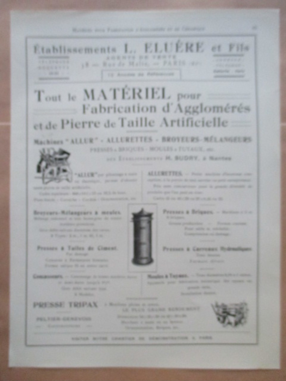 1922 - Ets ELUERE   -  Presse à Briques  - Page Originale MACHINE Industrielle - Machines