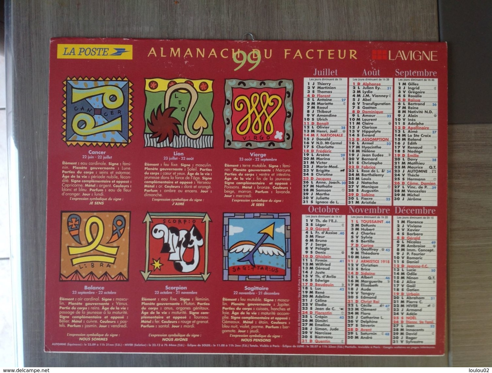 LA POSTE - Calendrier ALMANACH Du Facteur PTT - 1999 - Horoscope - LAVIGNE - Pas De Calais 62 - Excellent état - Tamaño Pequeño : 1991-00