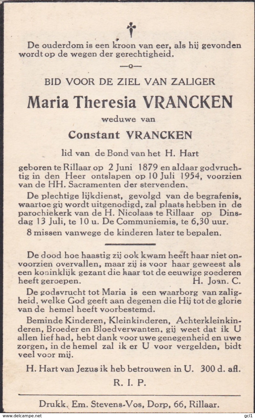 Doodsprentje - Maria Theresia Vrancken - Rillaar - Aarschot