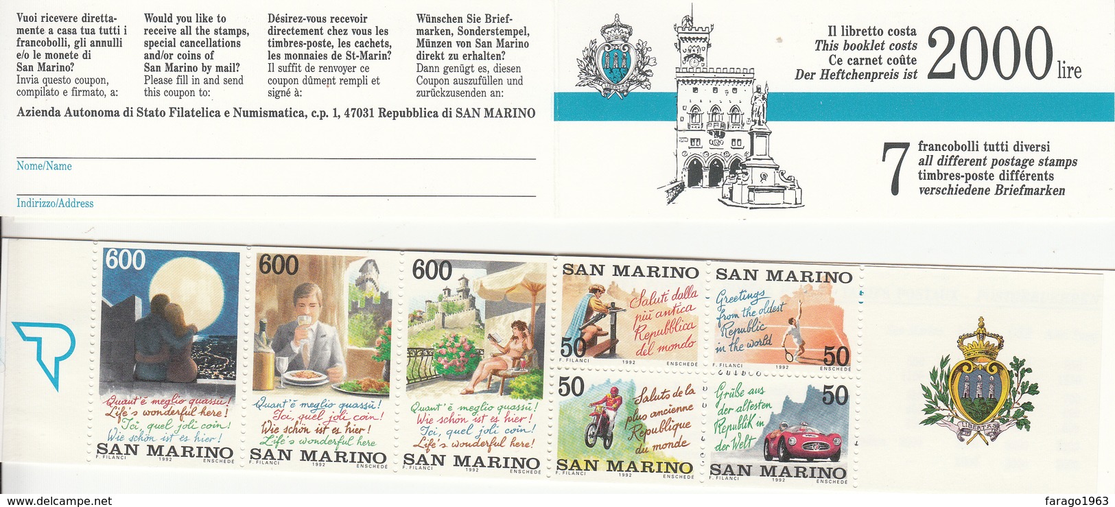 1992 San Marino Tourism Cars Motorcycles  Complete Booklet Carnet "unexploded"    MNH - Booklets