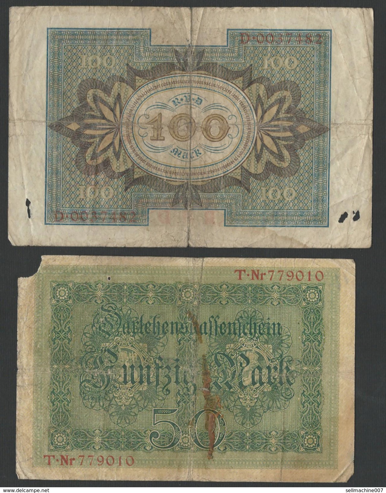 German Empire - Germany 100 & 50 Mark - Marks Banknote Paper Note Berlin 1914 & 1920 - 100 Mark