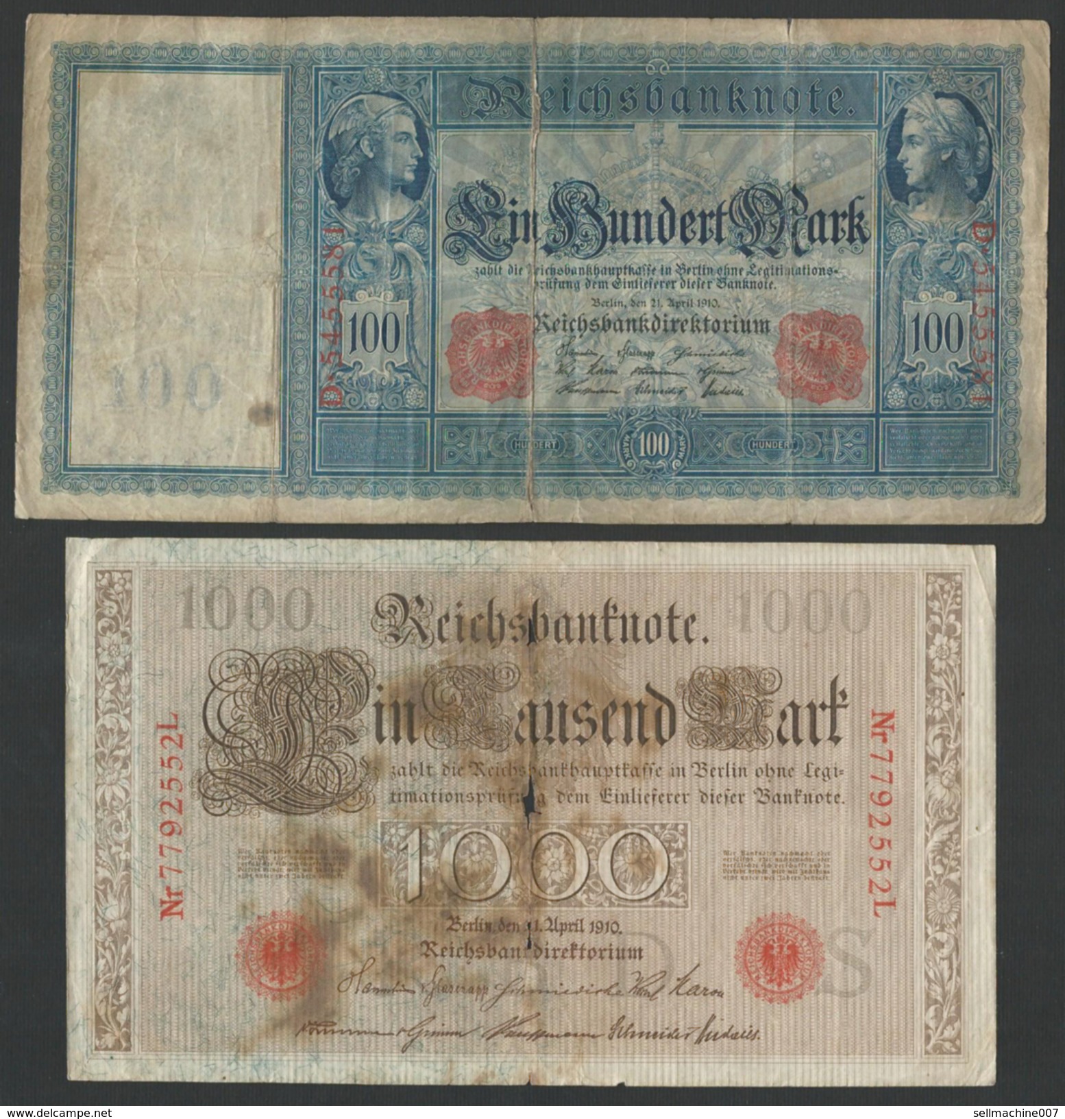 German Empire - Germany 100 & 1000 Mark - Marks Banknote Paper Note Berlin 1910 - 100 Mark