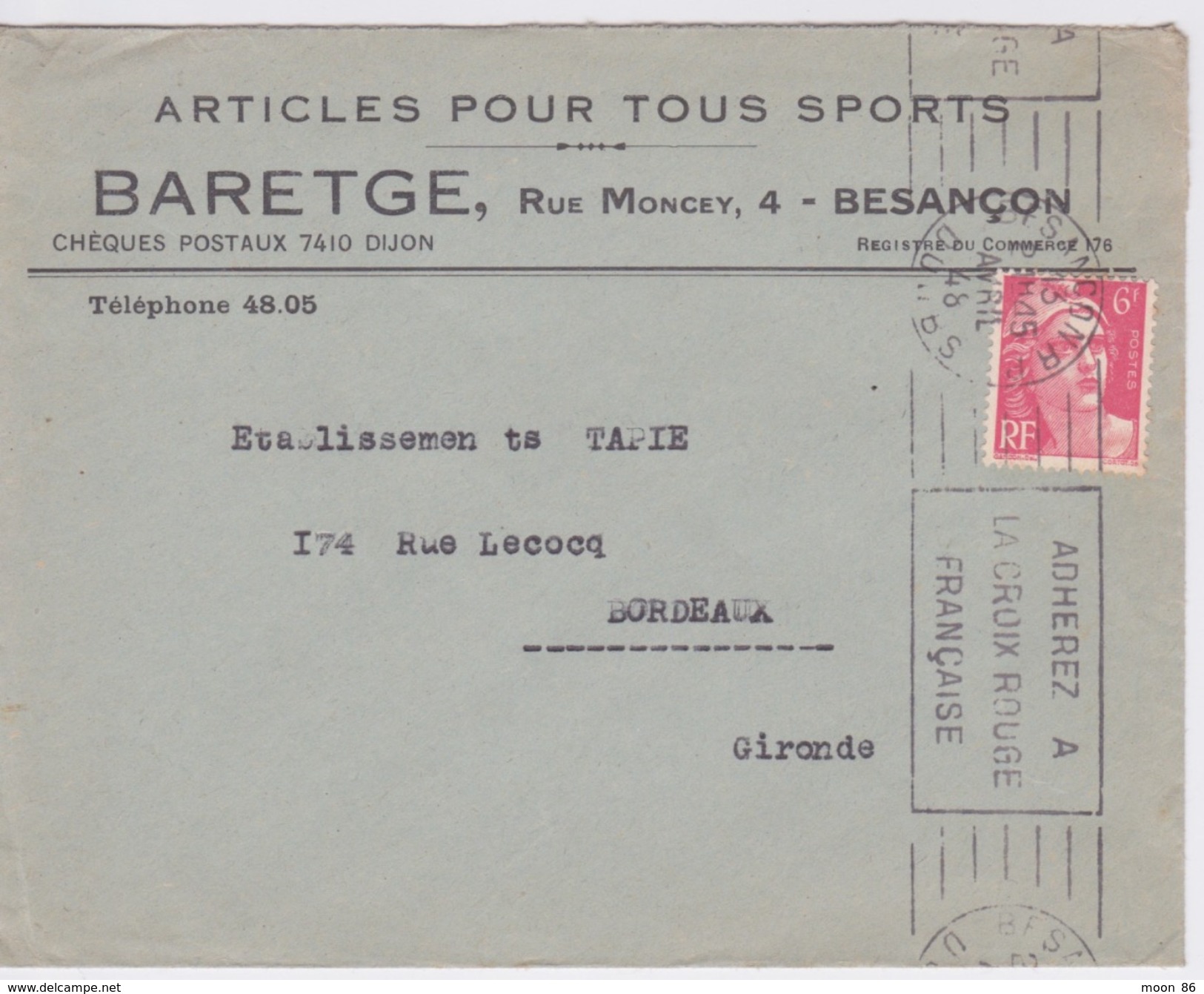 LETTRE A ENTETE - ARTICLE POUR TOUS SPORTS - BARETGE A BESANÇON - FLAMME ADHEREZ A LA CROIX ROUGE  FRANÇAISE - Sport En Toerisme