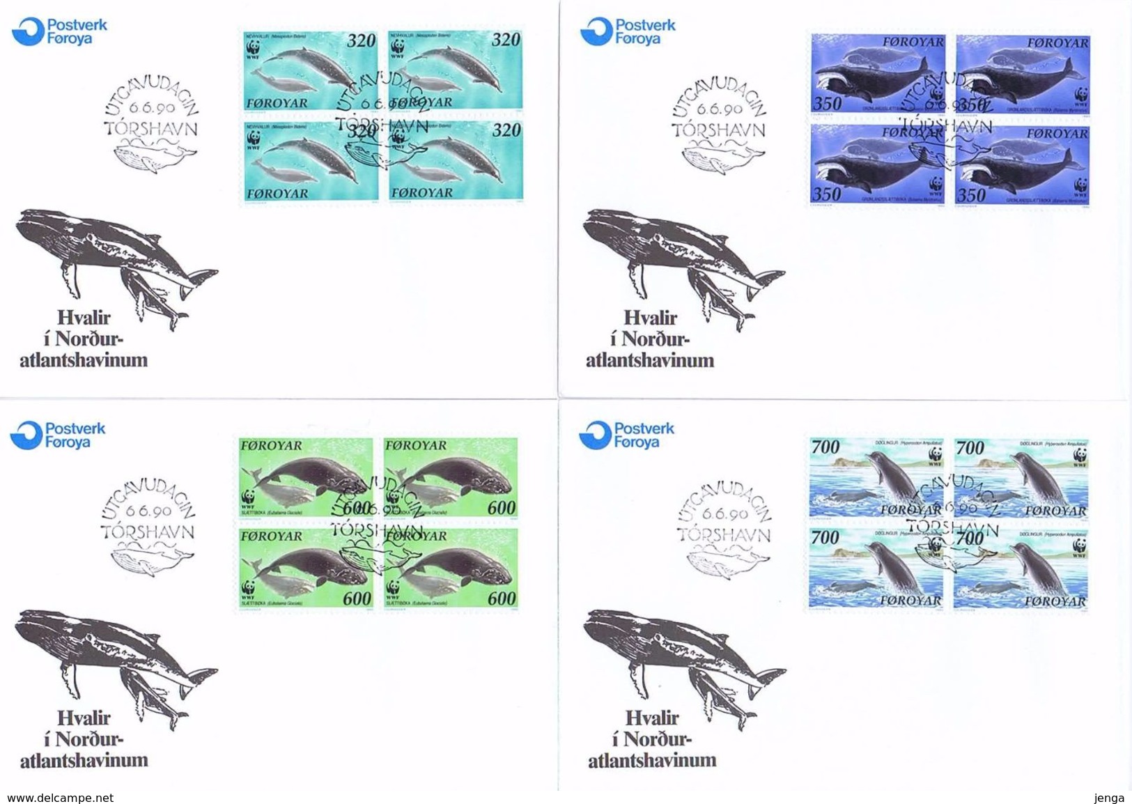 Faroe Islands; 1990 Whales WWF Issue.  Set Of 4 In Block Of 4 On FDC - Färöer Inseln