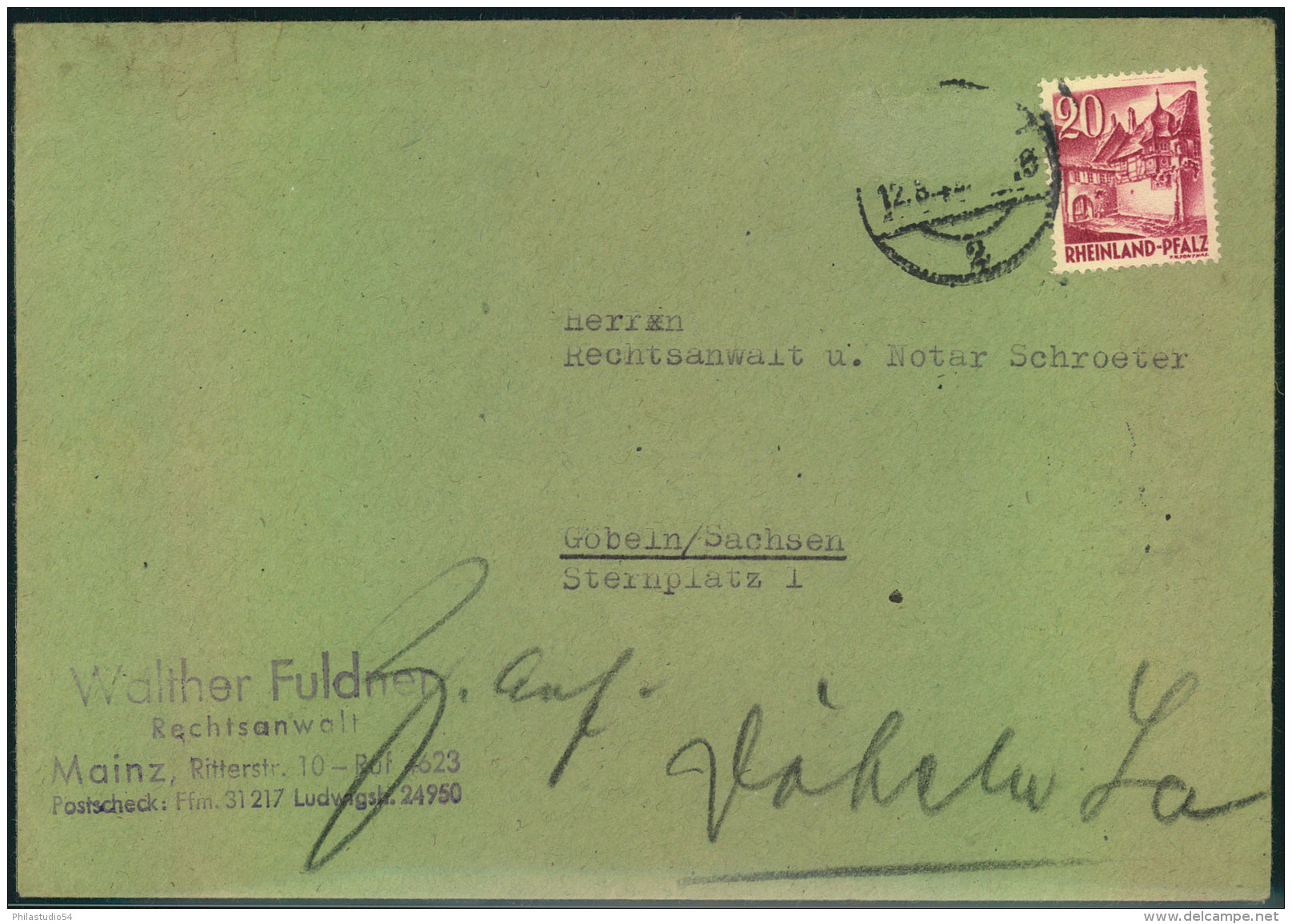 1949, Brief Ab MAINZ 12.8.49 Mit 20 Pfg. Rheinland-Pfalz Adressiert Nach Döbeln, Sachsen. Wohnungsbaumarke Entfernt Mit - Renania-Palatinato
