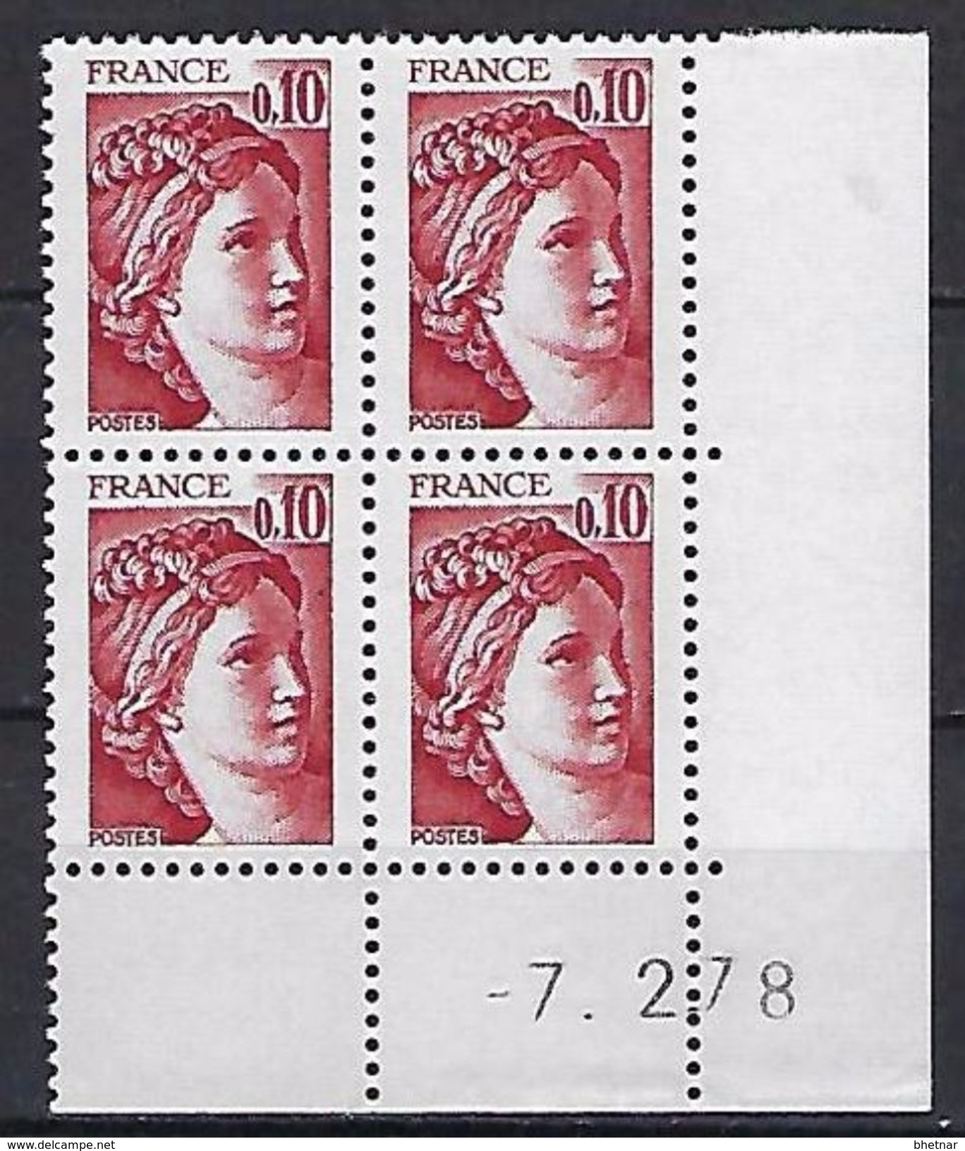 FR Coins Datés Yt 1965 " Sabine 10c. Rouge-brun " Neuf**  Du 7.2.78 - 1970-1979