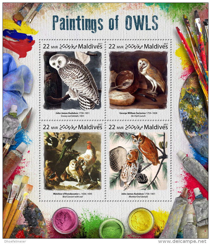 MALDIVES 2017 ** Owls Paintings Audubon Sartorius Hondecoeter M/S - OFFICIAL ISSUE - DH1731 - Autres & Non Classés