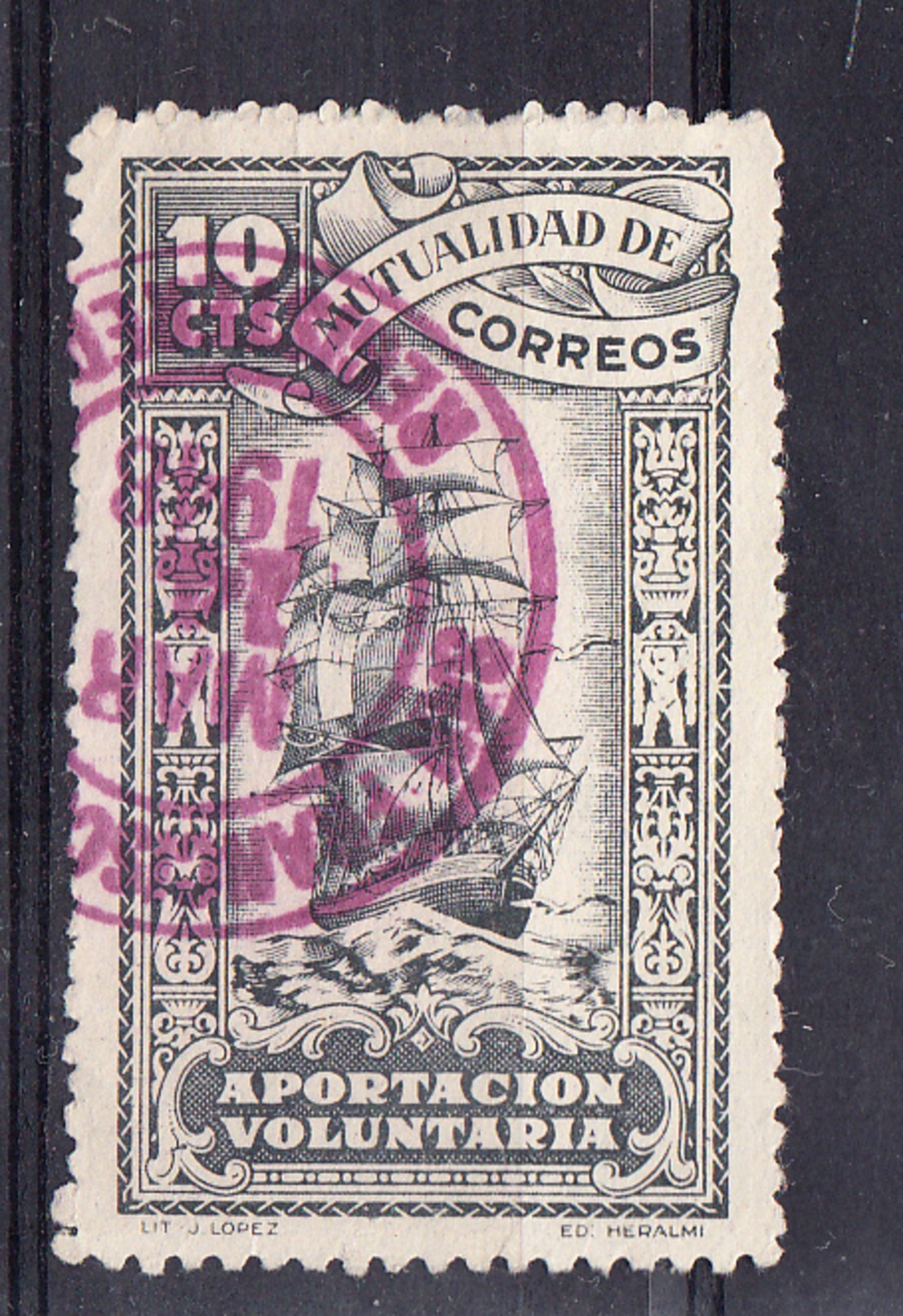 ESPAÑA 1948. MUTUALIDAD DE CORREOS. 10 Cts. CARABELA NAVEGANDO. USADO. CECI 2.29 - Bienfaisance