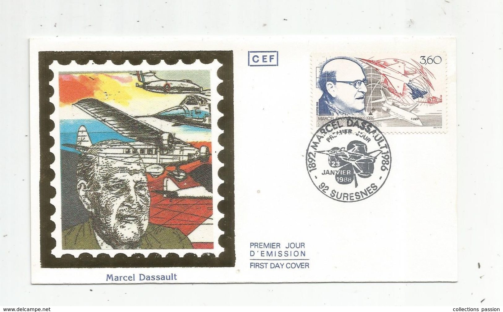 Timbre, FDC , 1 Er Jour , MARCEL DASSAULT 1892 - 1986 , SURESNES , 1988 , Aviation - 1980-1989