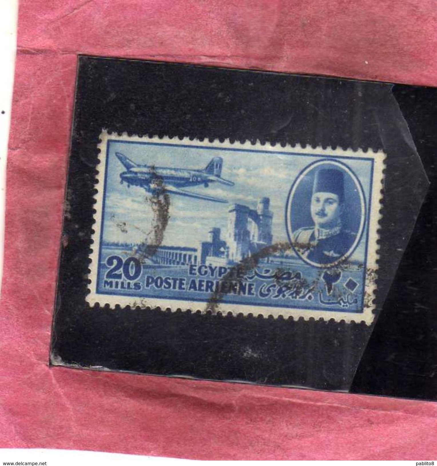 EGYPT EGITTO 1947 AIR MAIL POSTA AEREA KING FAROUK DELTA DAM DC-3 PLANE 20m USATO USED OBLITERE' - Posta Aerea