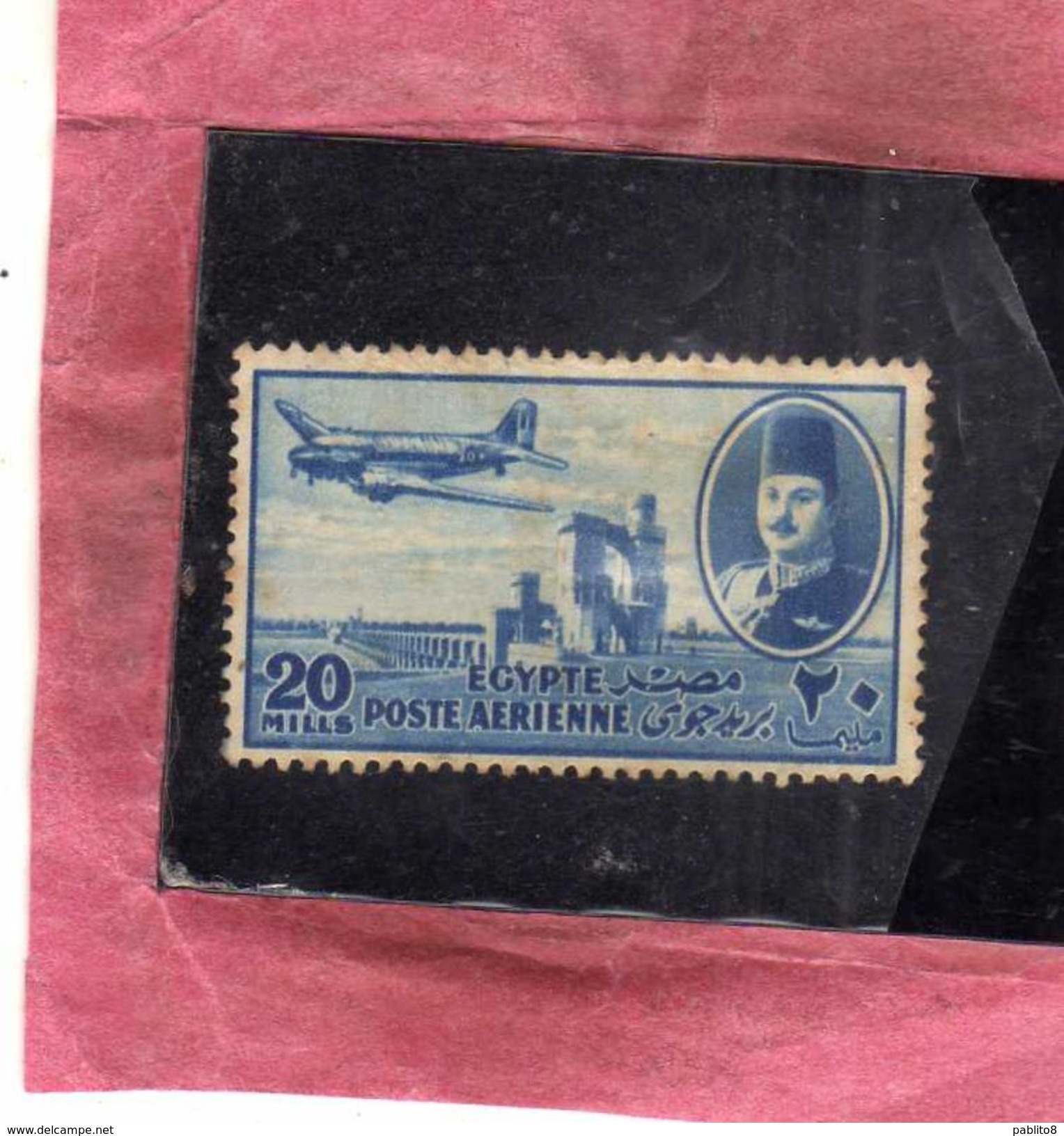 EGYPT EGITTO 1947 AIR MAIL POSTA AEREA KING FAROUK DELTA DAM DC-3 PLANE 20m USATO USED OBLITERE' - Luchtpost
