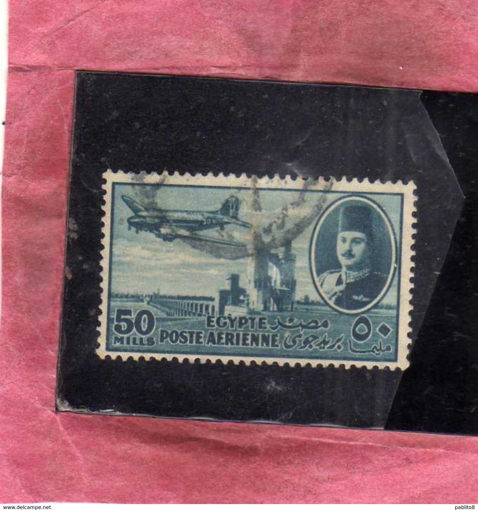 EGYPT EGITTO 1947 AIR MAIL POSTA AEREA KING FAROUK DELTA DAM DC-3 PLANE 50m USATO USED OBLITERE' - Aéreo