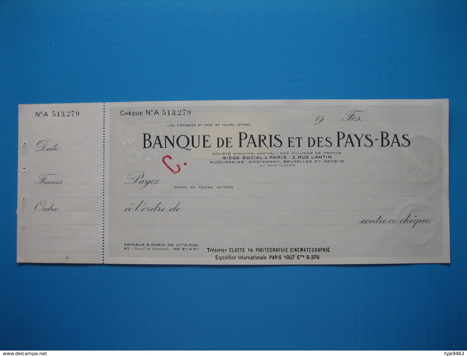 (1937) Chèque De La BANQUE De PARIS Et Des PAYS-BAS - Chèques & Chèques De Voyage