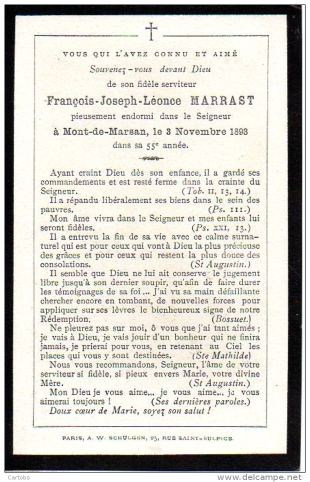 FAIRE-PART Du Décès De Monsieur JFrançois-Joseph-Léonce Marrast Le 3 Novembre 1893 - Décès