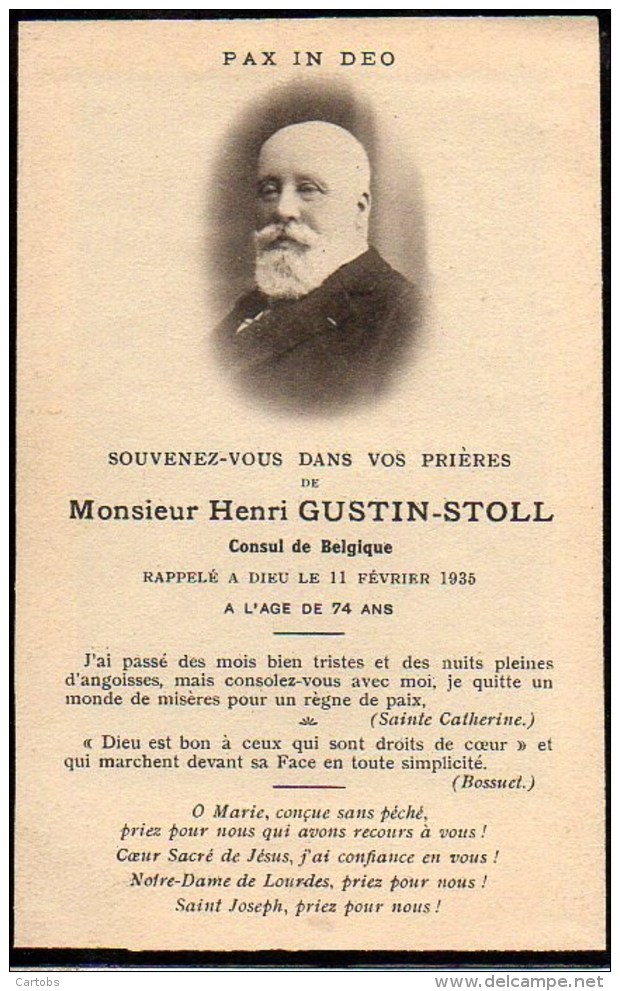 FAIRE-PART Du Décès De Monsieur LHenri Gustin-Stoll (Consul De Belgique) Le 11 Février 1935 - Décès