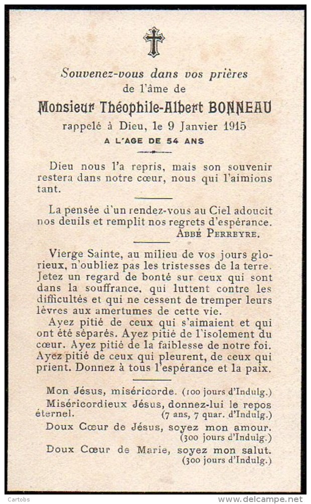 FAIRE-PART Du Décès De Monsieur Théophile-Albert Bonneau Le 9 Février 1915 - Décès