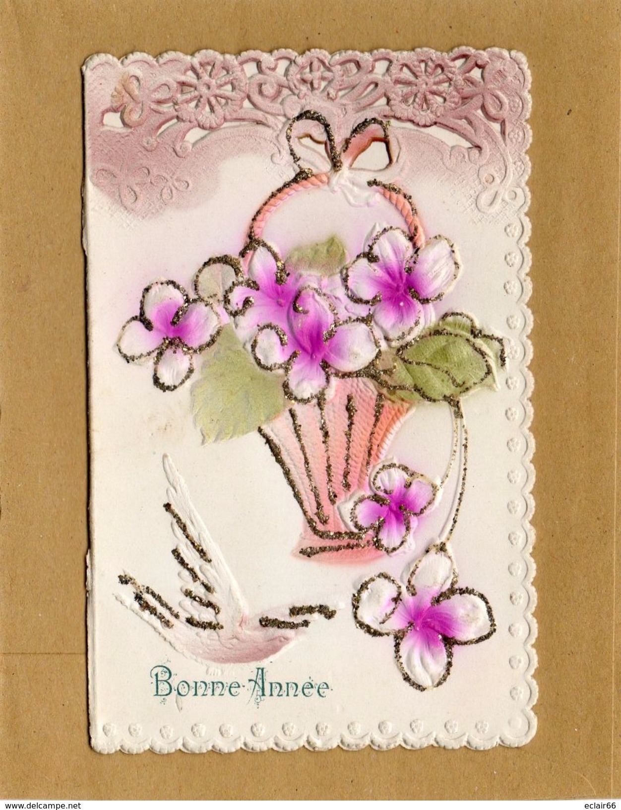 BONNE-FÊTE Carte Gauffrée - Relief Brillant (Fantaisie  Bonne Année, )panier Avec Fleurs, Oiseau  2 Volets Voir Scannes - Nouvel An