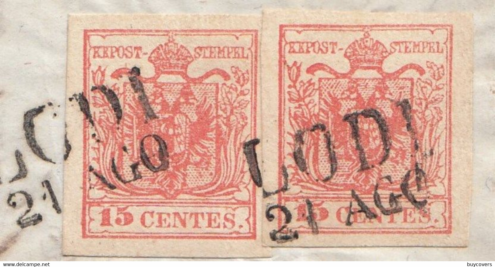 LV168 - 21 Agosto 1855 - Lettera Con Testo Da Lodi A Artogne (BG)  Con 2 Valori Di 15 Cent. Rosso 3° Tipo .Leggi... - Lombardy-Venetia