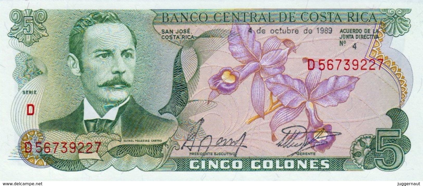 COSTA RICA 5 COLONES BANKNOTE 1989 AD PICK NO.236 UNCIRCULATED UNC - Costa Rica