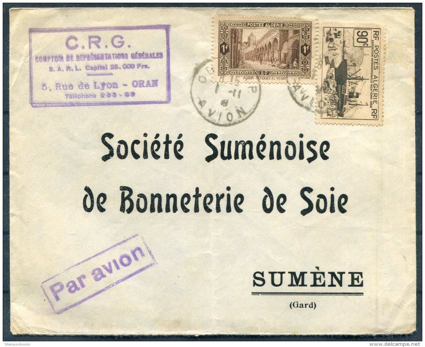 1938 Algeria C.R.G. Oran Airmail Cover - Societe Sumenoise De Bonneterie De Soie, Sumene France - Covers & Documents