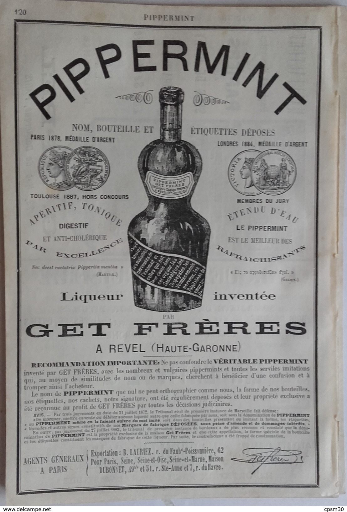 PUB 1888 - Papier Cigarette Vichy, PARQUET Sur Bitume, PIPPERMINT Par GET Frères à Revel 31 Hte Garonne - Advertising