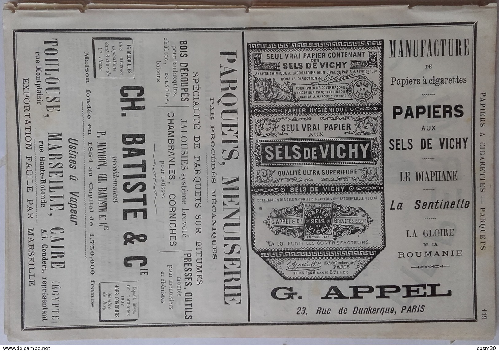 PUB 1888 - Papier Cigarette Vichy, PARQUET Sur Bitume, PIPPERMINT Par GET Frères à Revel 31 Hte Garonne - Advertising