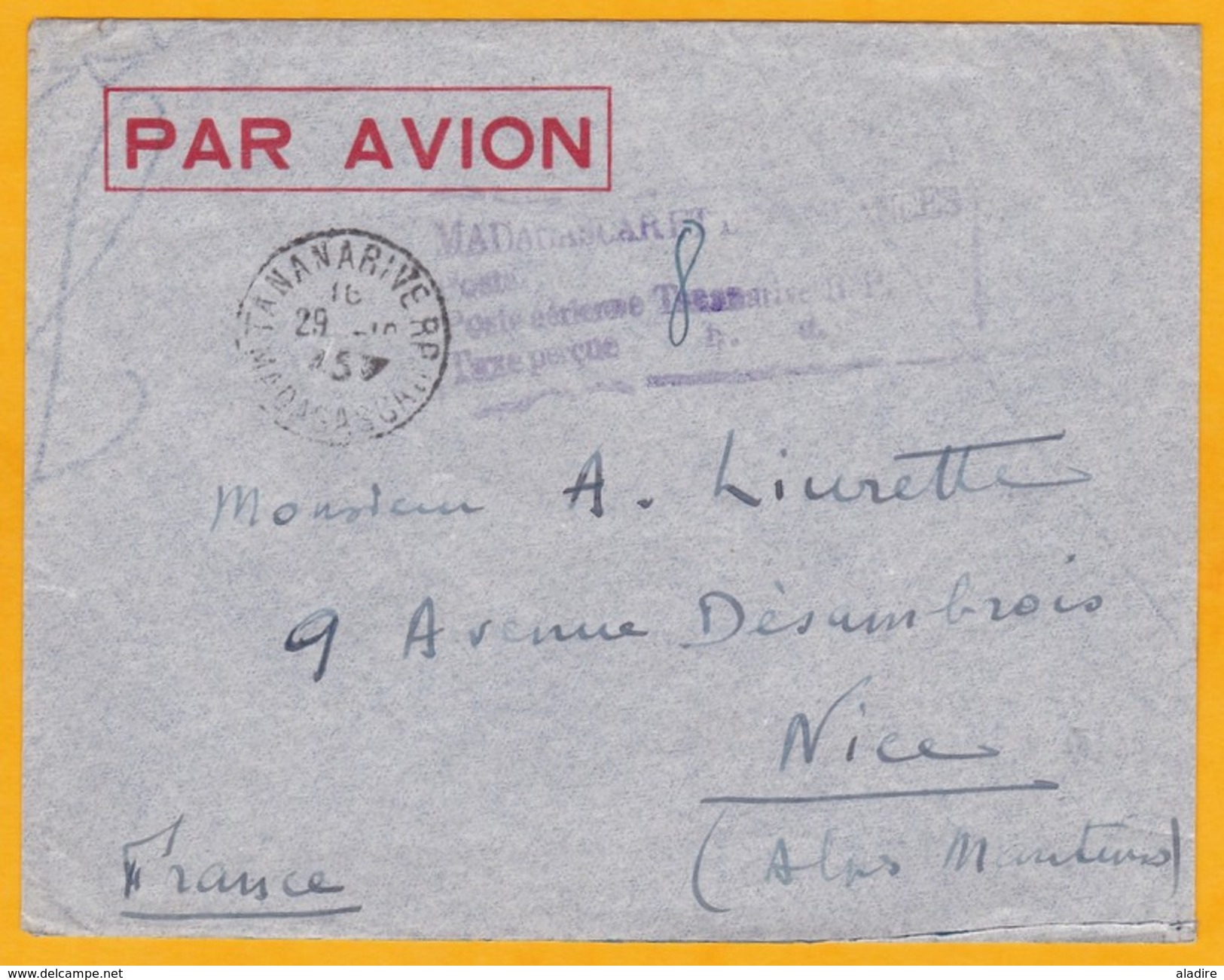 1945  Lettre Par Avion De Tananarive, Madagascar Vers Nice - Taxe Perçue Pénurie De Timbres - WW2 2e Guerre - Lettres & Documents
