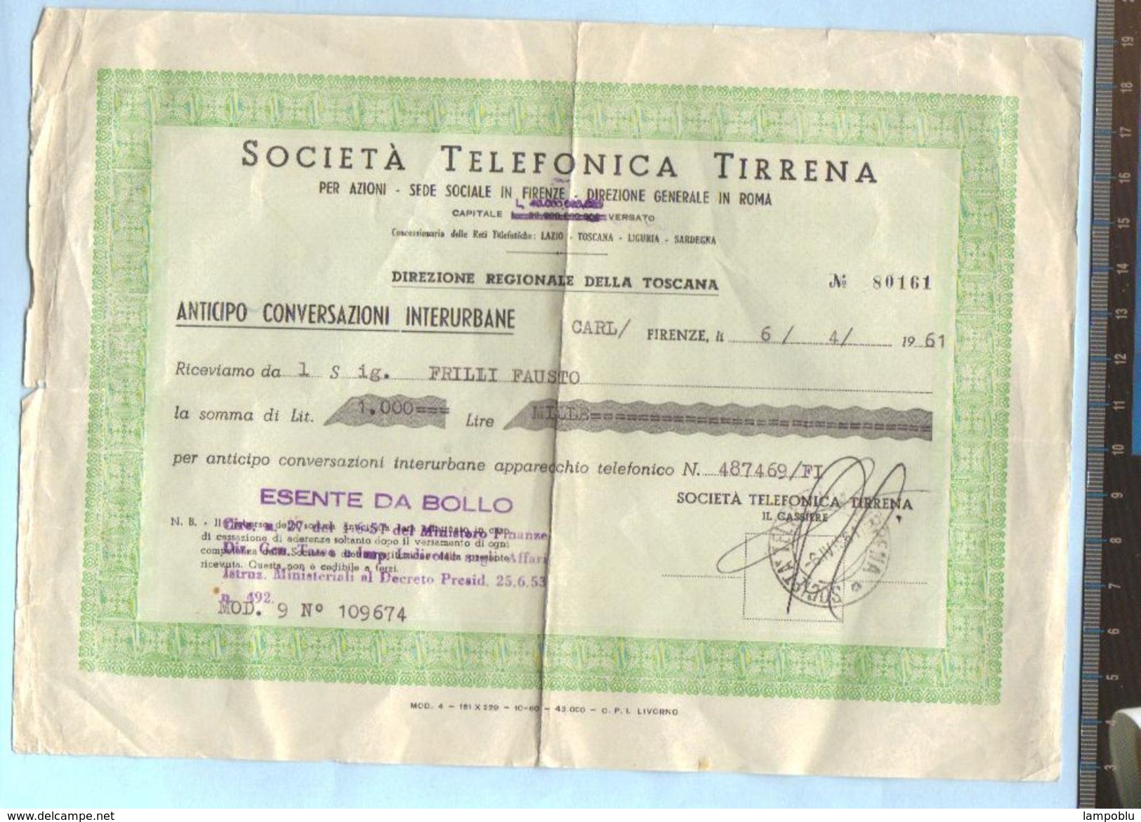 1961 - Società Telefonica Tirrena - Ricevuta Per Anticipo Su Conversazioni Interurbane - Italia