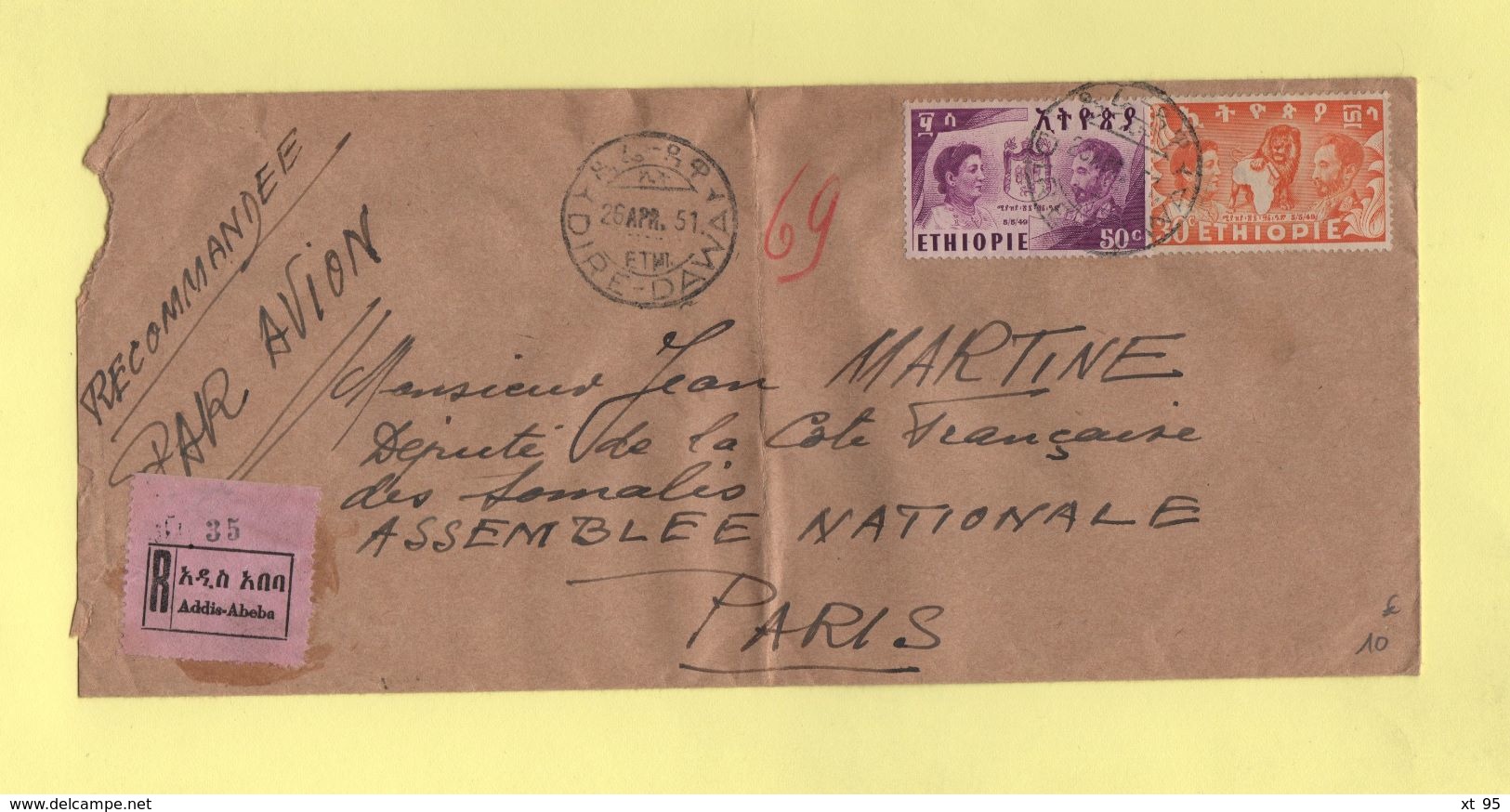 Ethiopie - Dire Dawa - Addis Abeda - 26 Avril 1951 - Recommande Pour La France - Etiopía