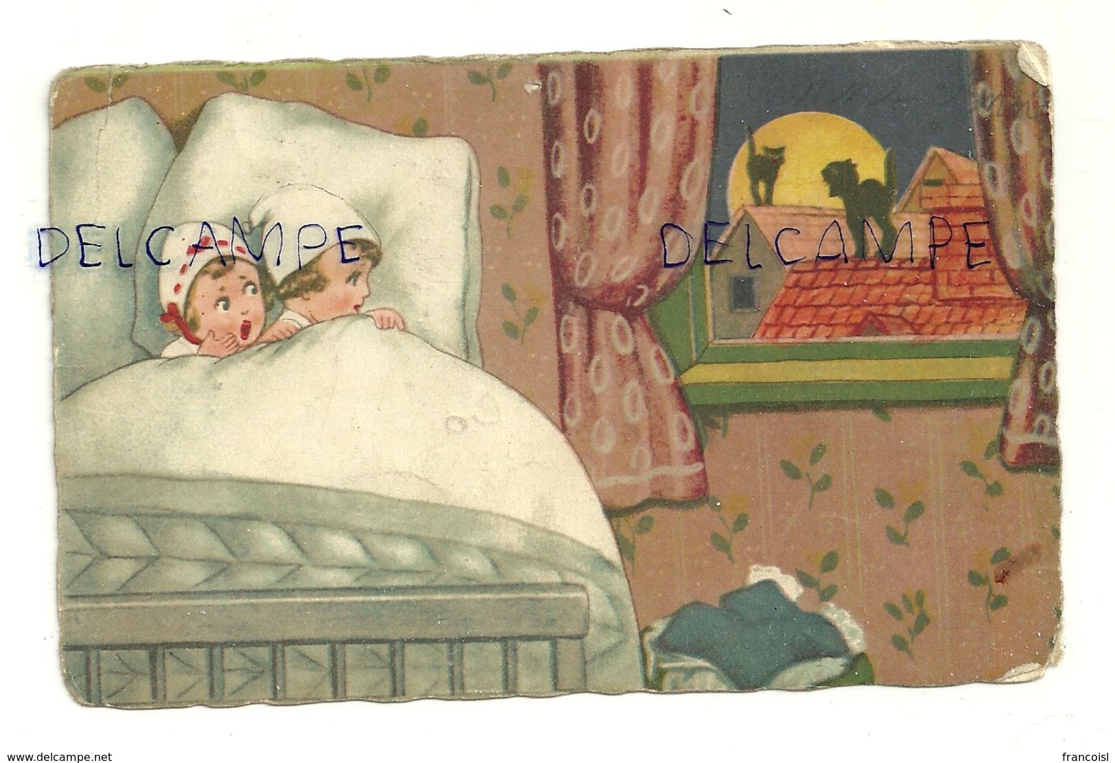 Deux Enfants Dans Un Lit Effrayés Par Les Cris Des Chats Sur Les Toits. AMAG 1927 - 1900-1949