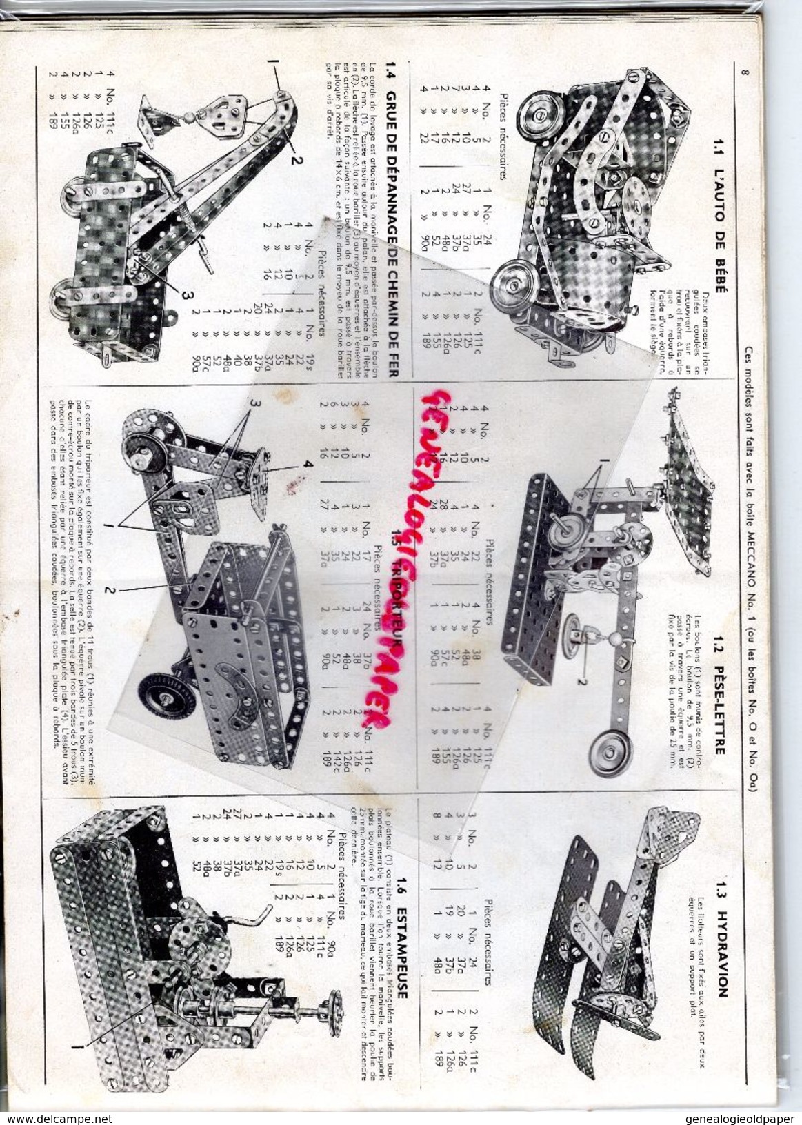 MECCANO - CATALOGUE MANUEL 1 - 1957 GRUE-TRAMWAY-MANEGE-MOULIN VENT-CAMION-EOLIENNE-BALANCOIRE-FORGERON