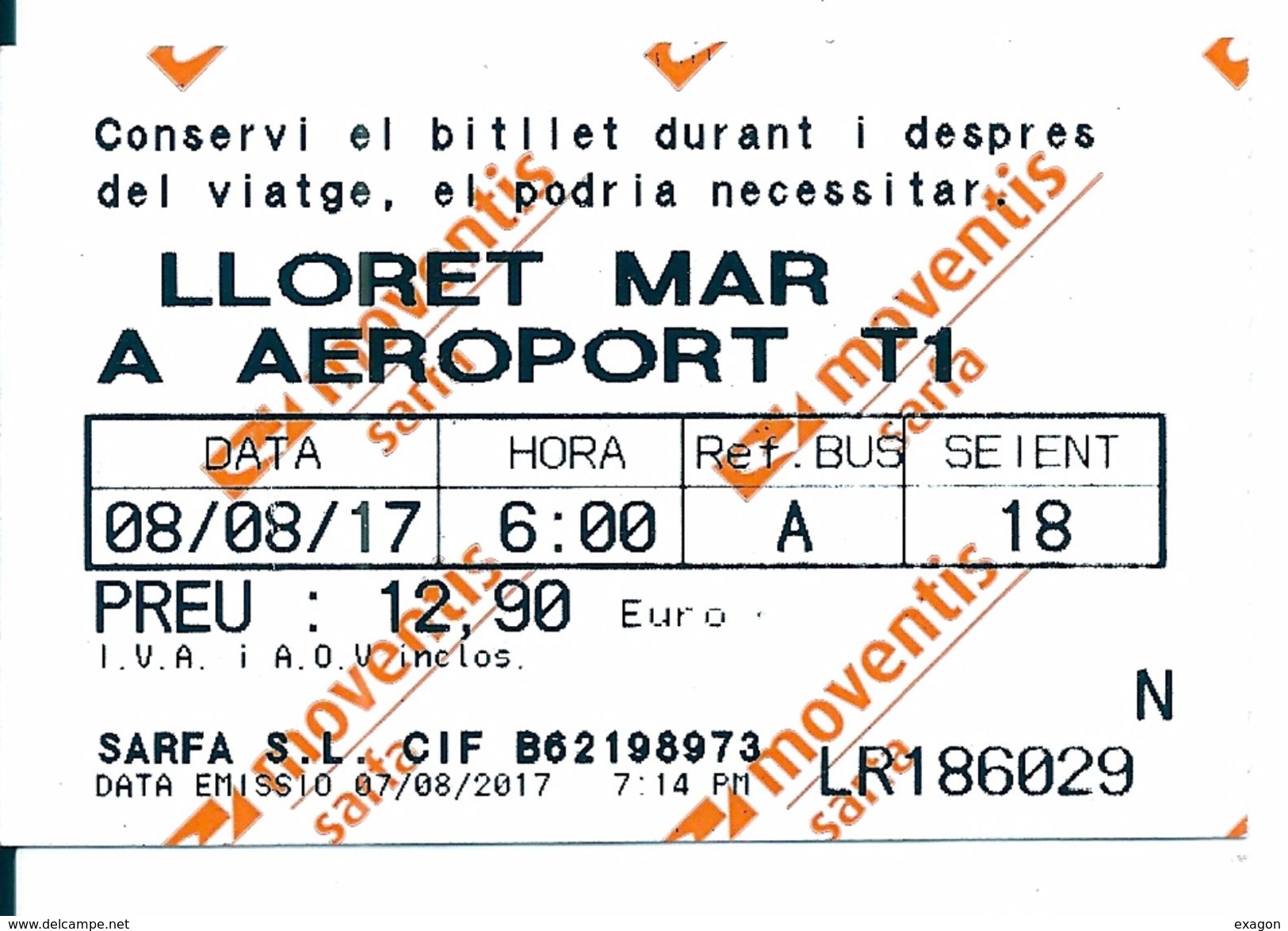 Biglietto  - LLORET MAR  A  AEROPORT  T1  -  COSTA BRAVA  -  Anno  2017. - Europe