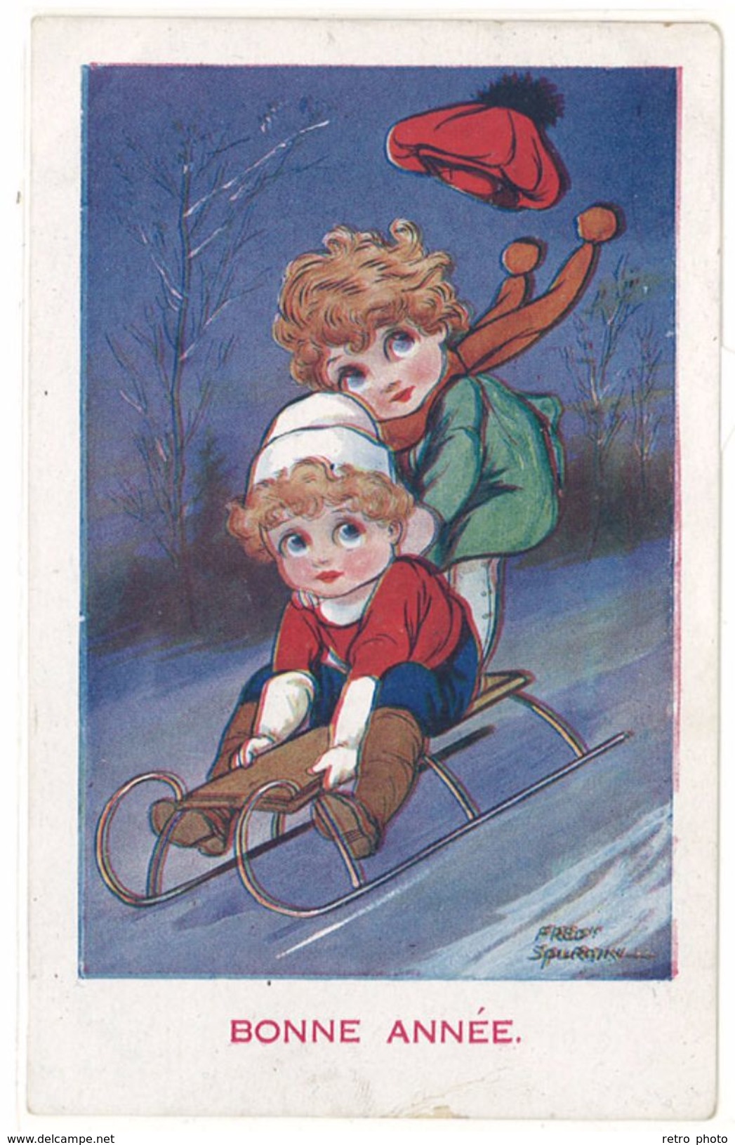 Cpa Signée Spurgin , Bonne Année, Enfant Sur Luge, Neige    (S.2142) - Spurgin, Fred