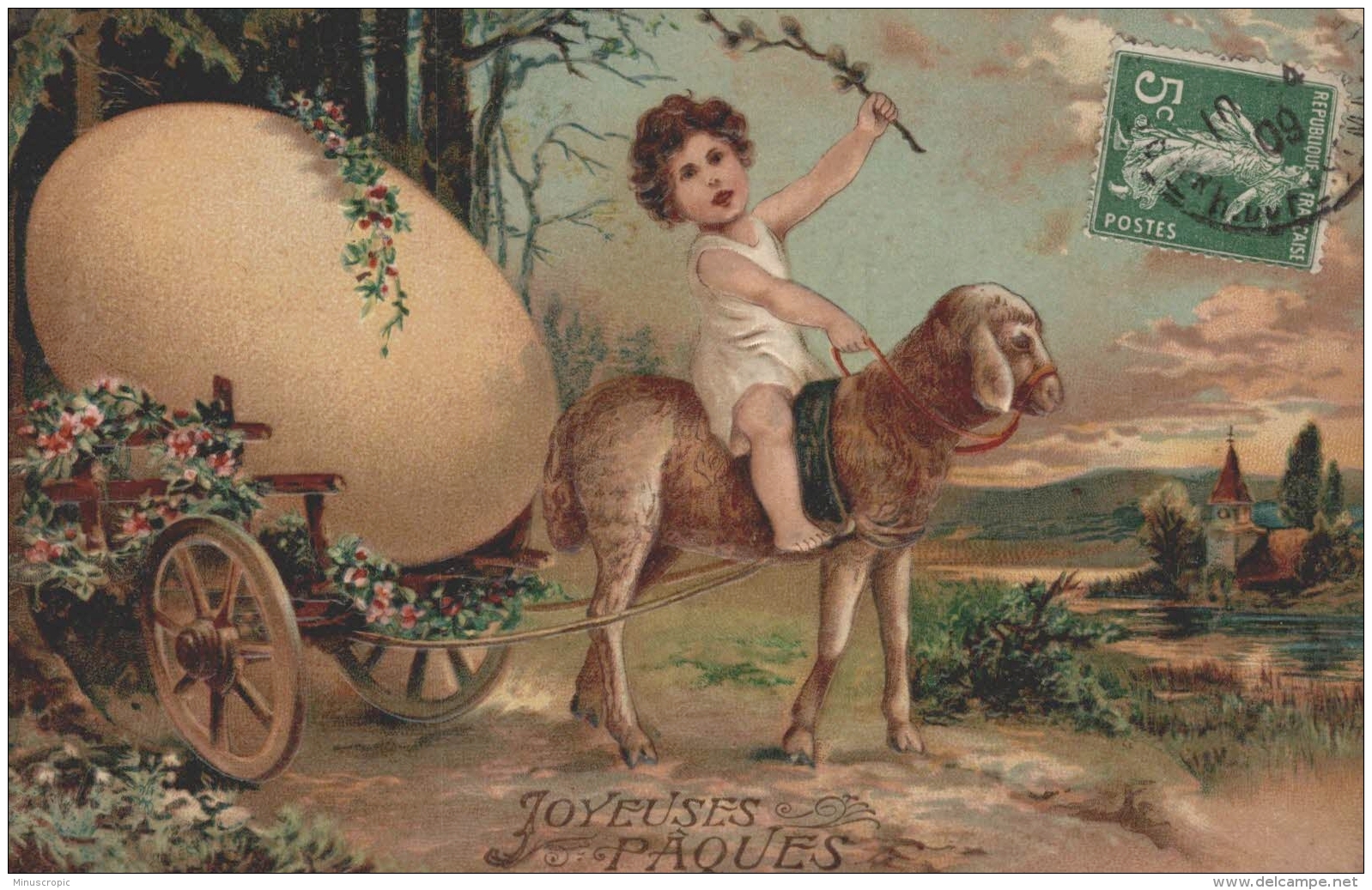CPA Joyeuses Pâques - Belle Carte Gaufrée - Attelage Avec Mouton - Pâques