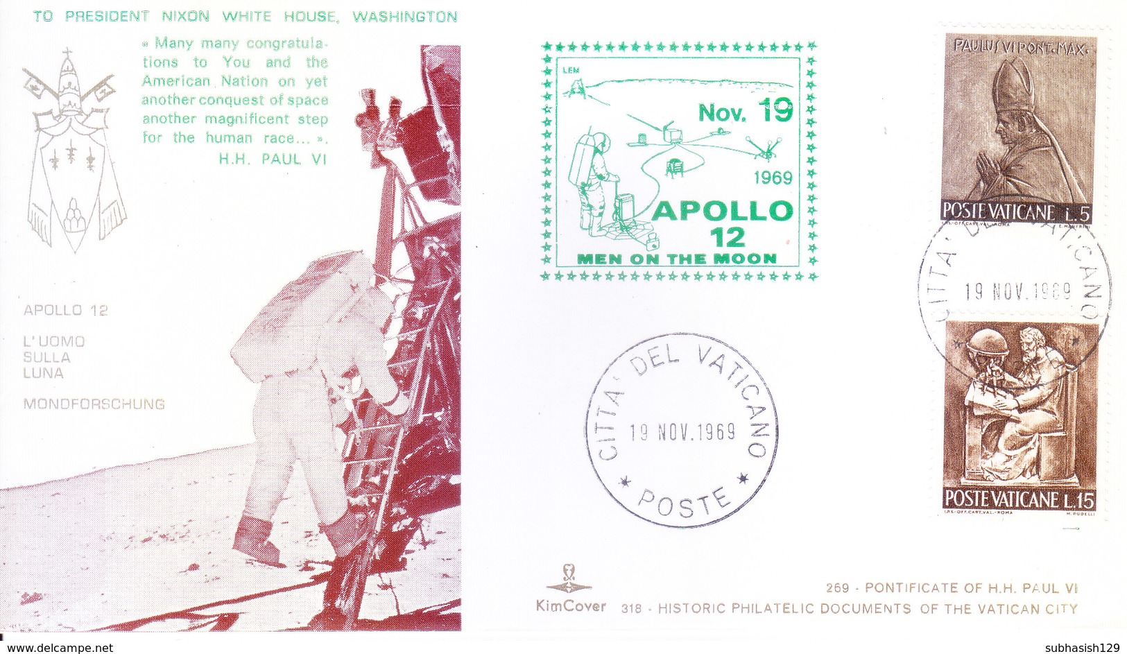 VATICANE CITY 1969 SPECIAL COVER WITH SPECIAL CANCELLATION - MOON LANDING / MEN ON MOON / APPOLO XII - Covers & Documents