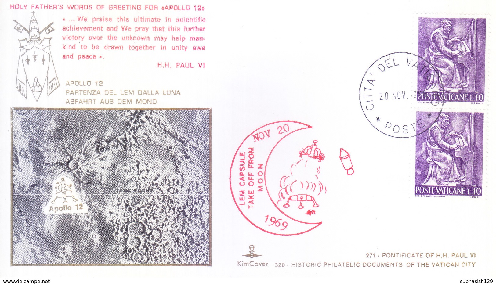 VATICANE CITY 1969 SPECIAL COVER WITH SPECIAL CANCELLATION - MOON LANDING / MEN ON MOON / APPOLO XII - Covers & Documents