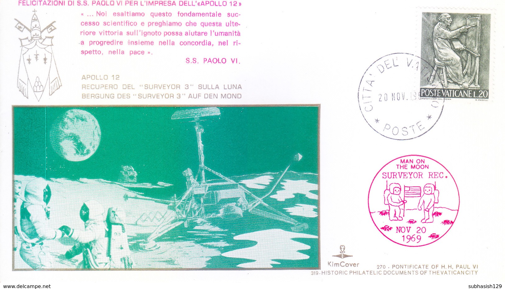 VATICANE CITY 1969 SPECIAL COVER WITH SPECIAL CANCELLATION - MOON LANDING / MEN ON MOON / APPOLO XII - Covers & Documents