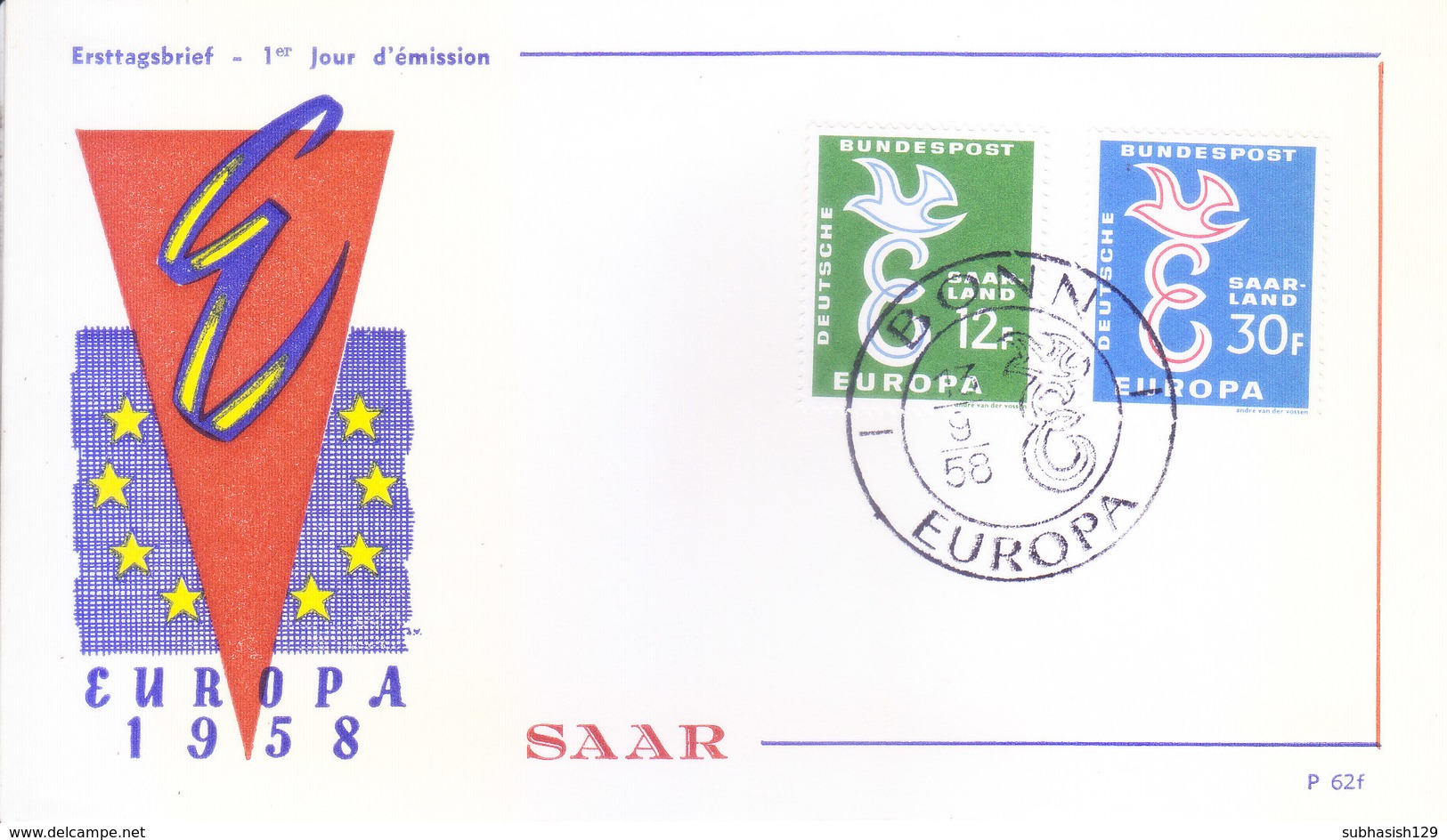 1958 SET OF 7 FIRST DAY COVERS ON EUROPA ISSUED FROM SEVEN DIFFERENT EUROPEAN COUNTRIES - COVER NO. P 62a TO P 62g