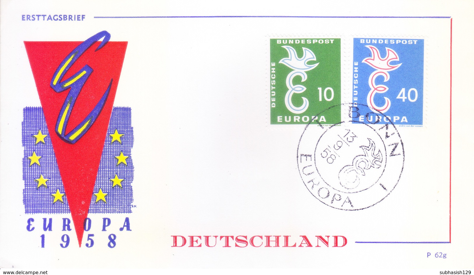 1958 SET OF 7 FIRST DAY COVERS ON EUROPA ISSUED FROM SEVEN DIFFERENT EUROPEAN COUNTRIES - COVER NO. P 62a TO P 62g