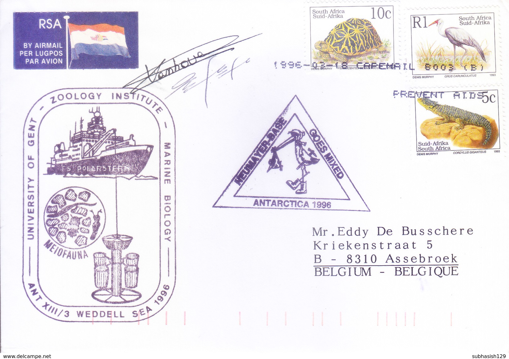 SOUTH AFRICA ANTARCTIC EXPEDITION COVER, 1994 - SPECIAL CANCELLATIONS AND SIGNATURE, UNIVERSITY OF GENT, ZOOLOGY - Covers & Documents