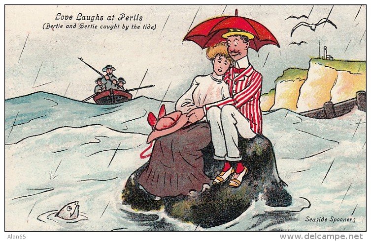 'Love Laughs At Perils' Seaside Spooners Romance Series, Couple Stranded On Rock High Tide, C1900s/10s Vintage Postcard - Couples