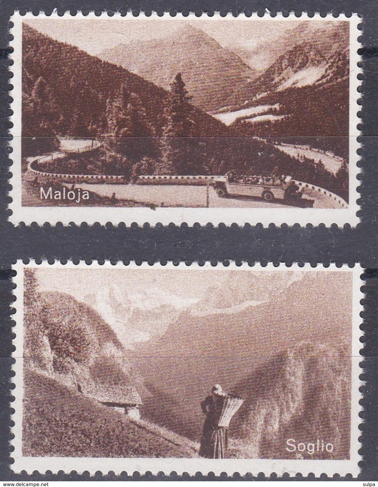 Maloja, Soglio Bergell, 2 Vignettes, Auto Postale, Paysanne. Postauto, Frau Mit Ruckkorb - Erinnophilie