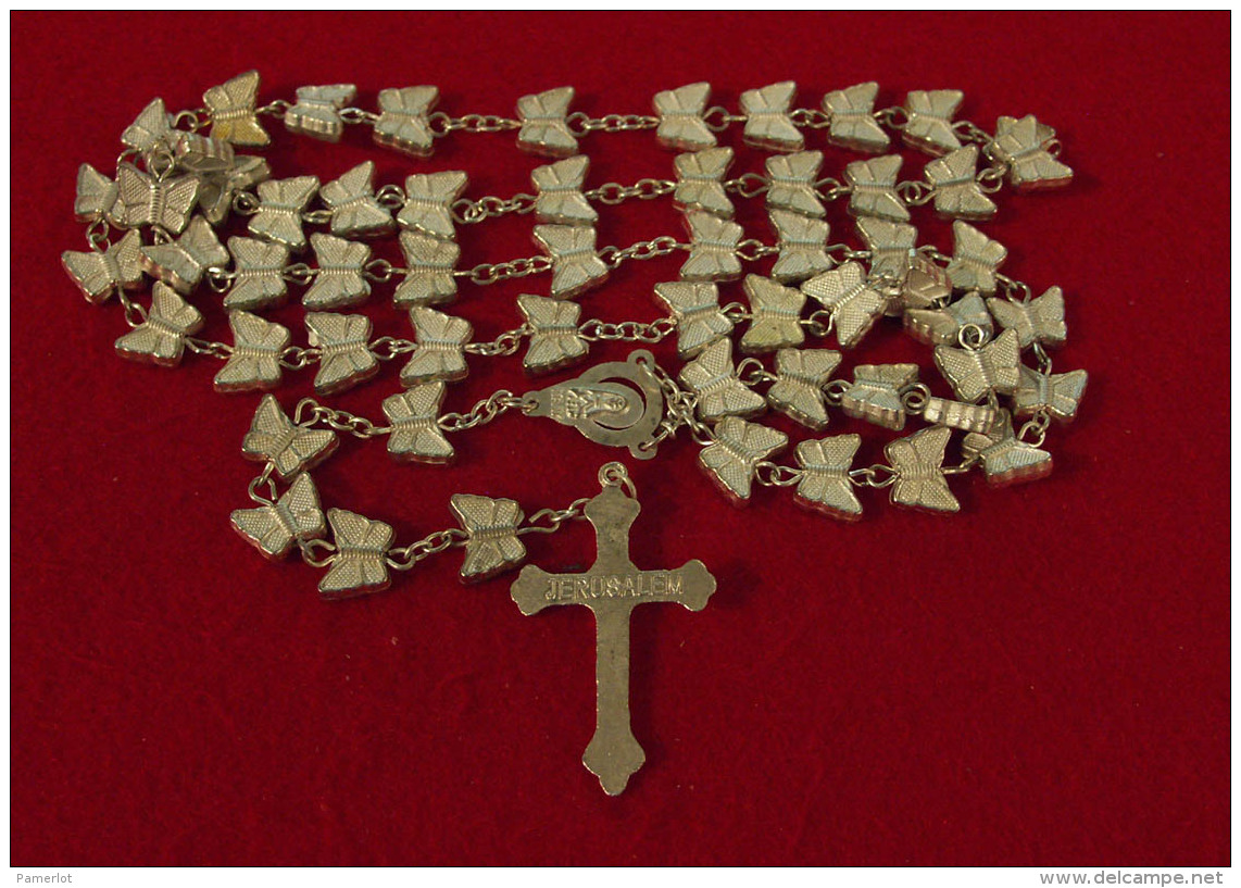 Religion Ancien Chapelet- Grain Metal De Forme Papillon, 75Gr, 51.5 Cm  - 2 Scans - Religion &  Esoterik