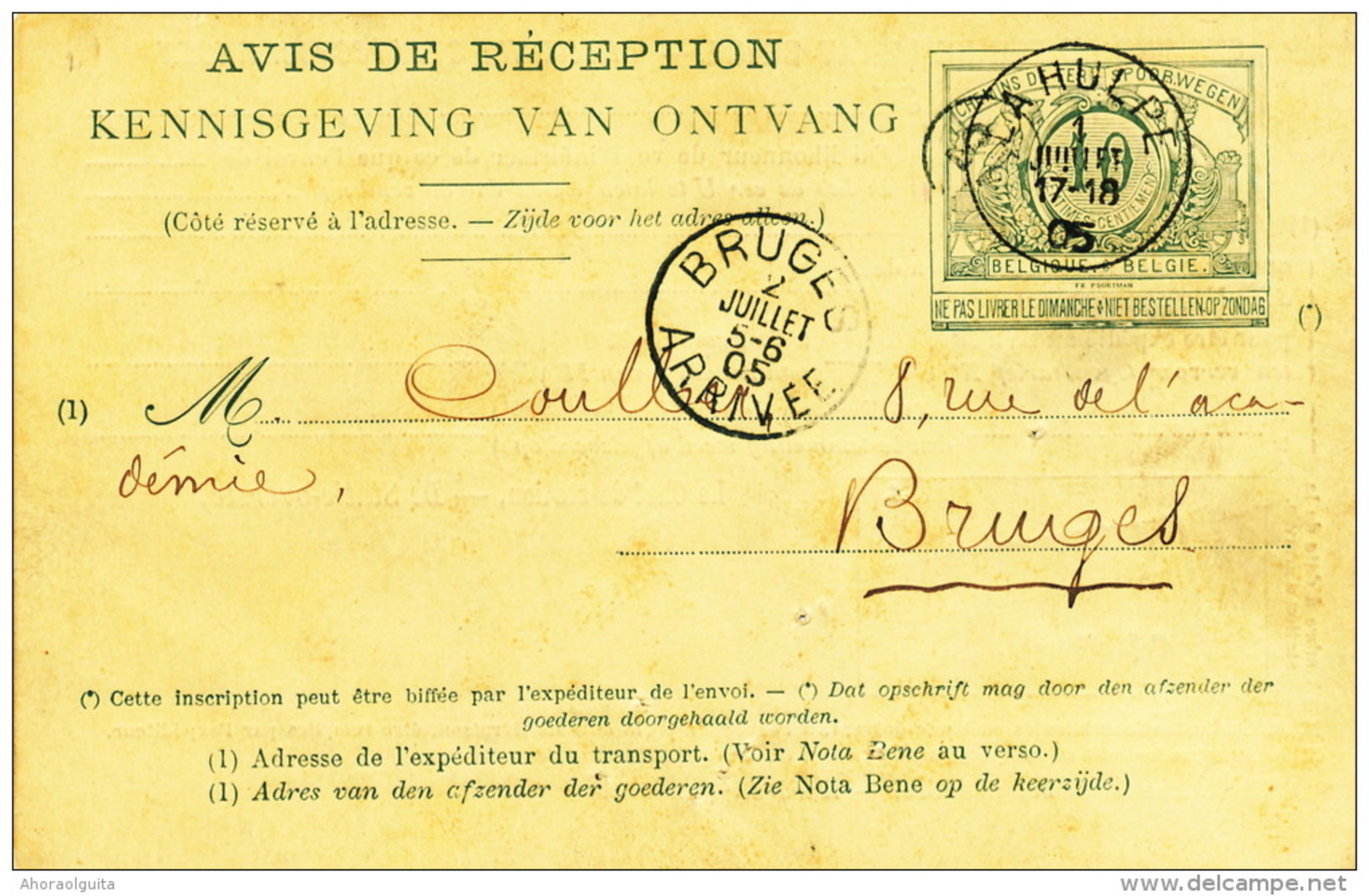 Avis De Réception Chemins De Fer Cachets Gare Et Poste LA HULPE 1905 Vers BRUGES  -- UU757 - Other & Unclassified