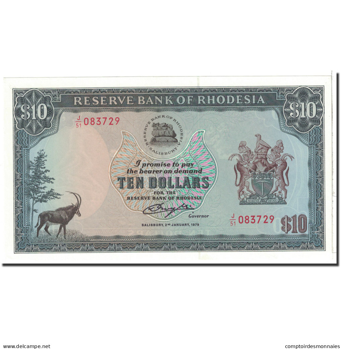 Billet, Rhodésie, 10 Dollars, 1979, 1979-01-02, KM:41a, NEUF - Rhodésie