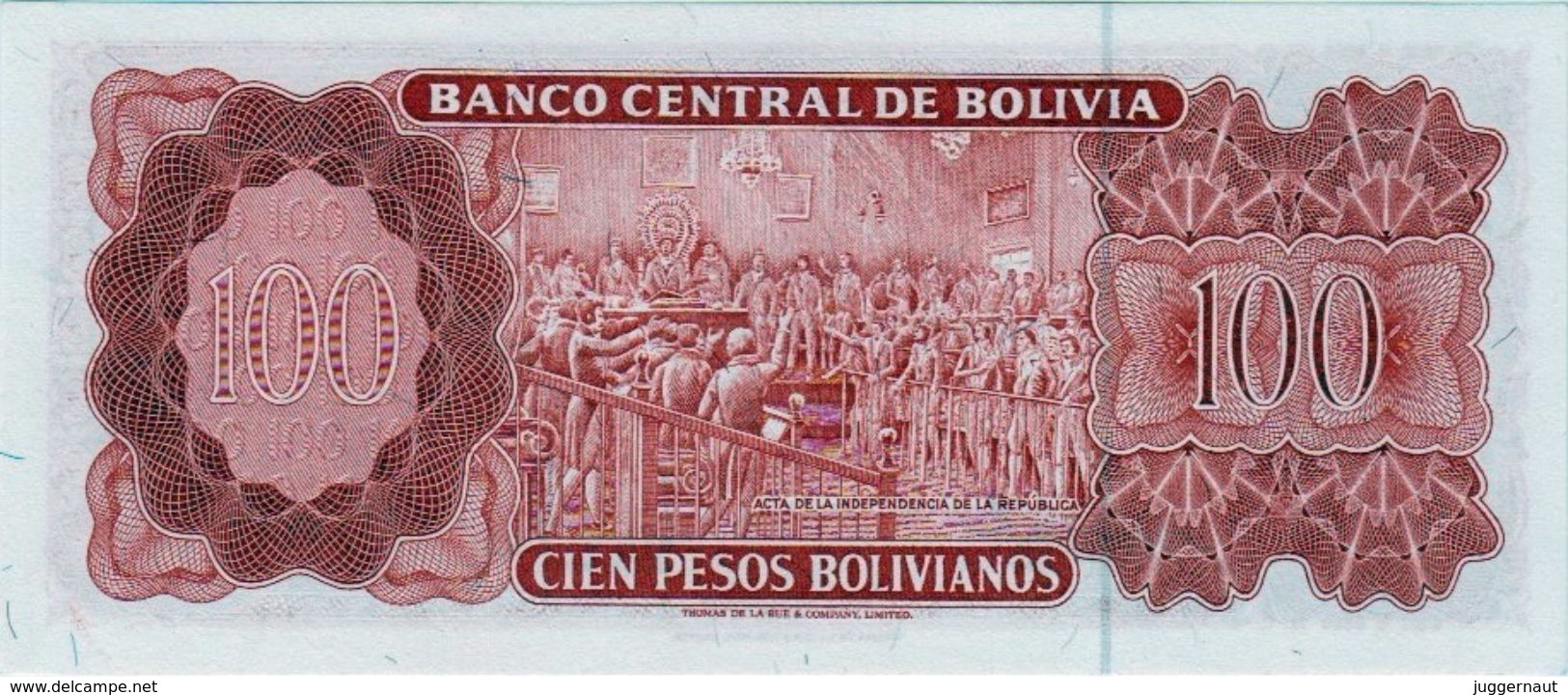 BOLIVIA 100 PESOS BOLIVIANOS BANKNOTE 1962 PICK NO.163 UNCIRCULATED UNC - Bolivia