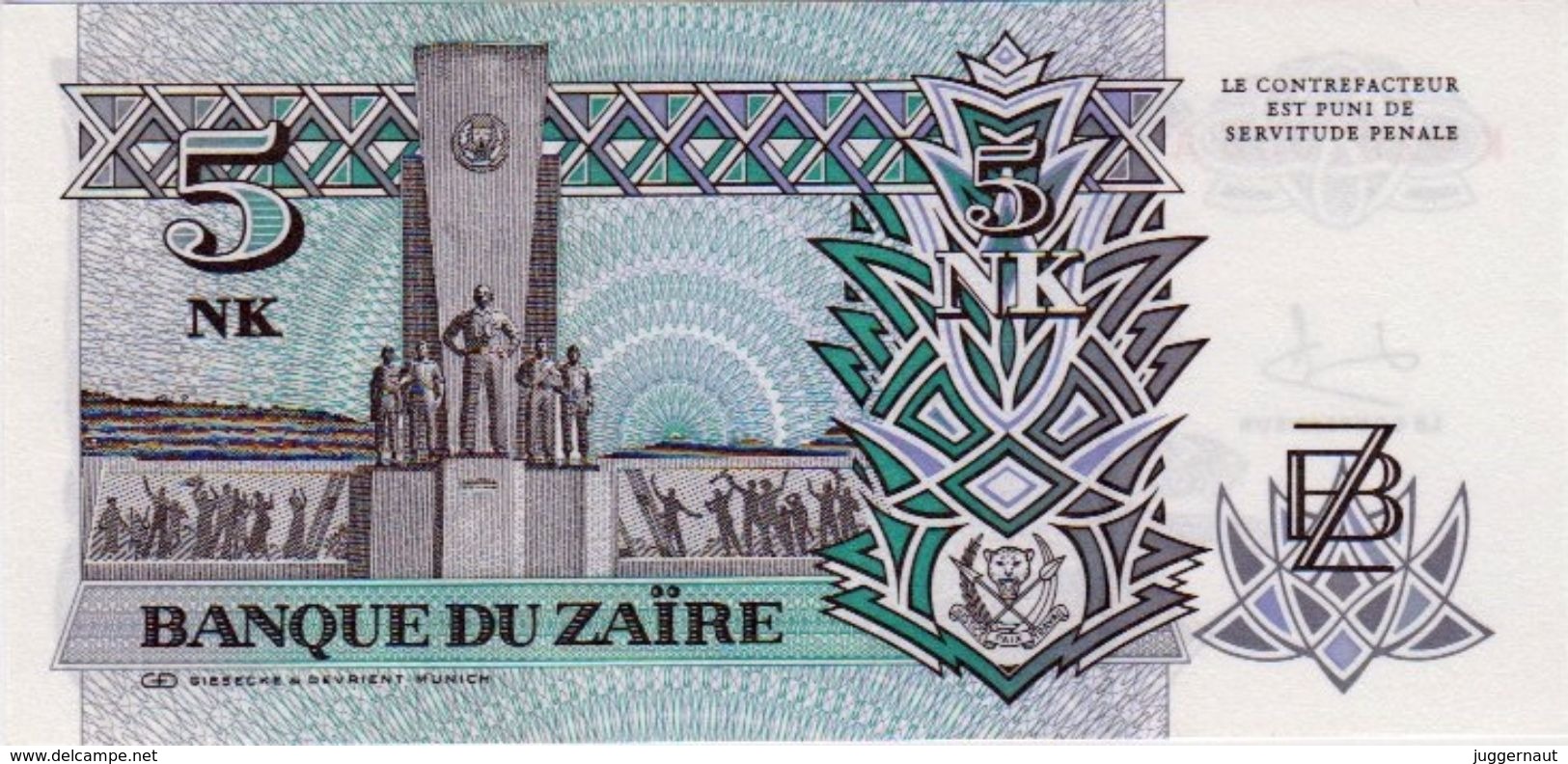 ZAIRE 5 NOUVEAUX MAKUTA BANKNOTE 1993 PICK NO.48 UNCIRCULATED UNC - Zaire