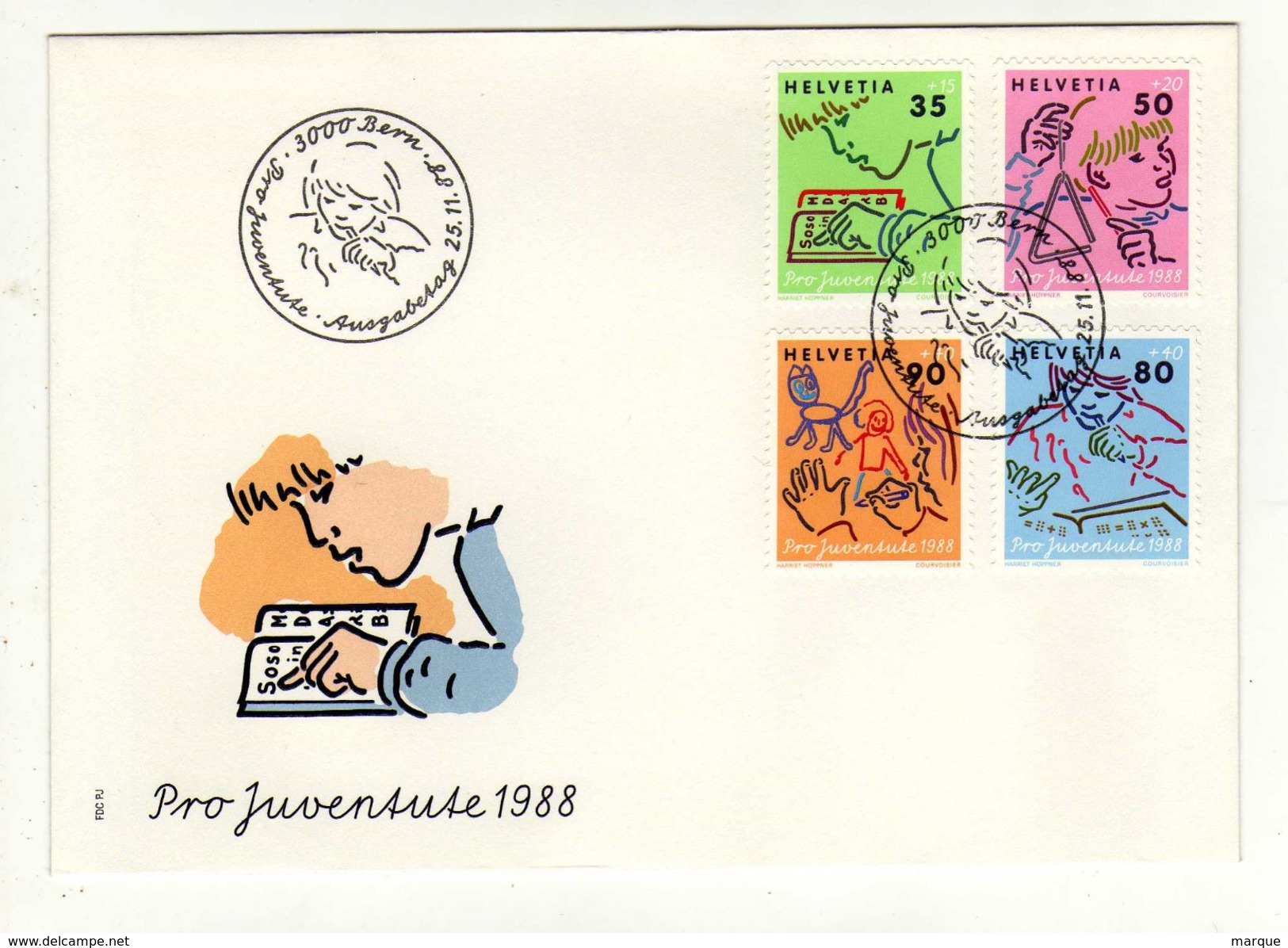 Enveloppe Pro Juventute 1er Jour HELVETIA SUISSE Oblitération 3000 BERN BERNE 25/11/1988 - Storia Postale